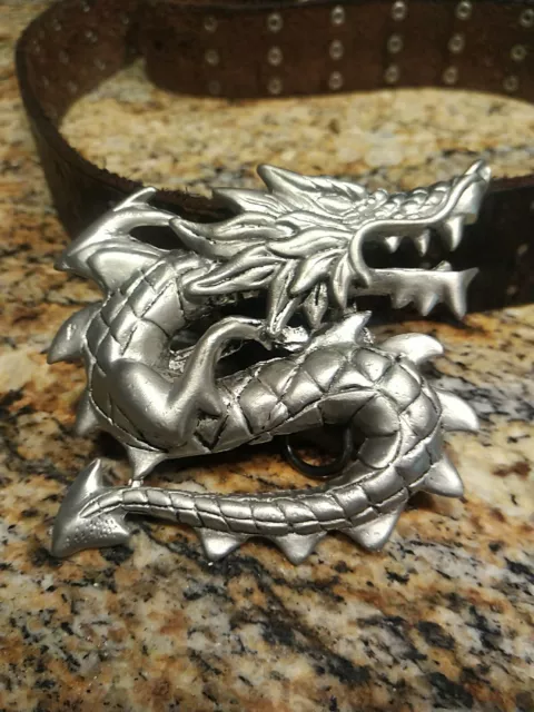 VTG Large 3D Pewter Sculpted Dragon Belt Buckle, Mystical Dragon Fierce Cobra