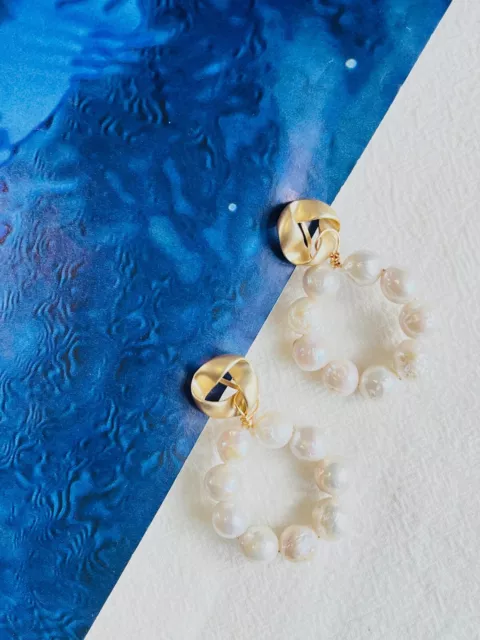 Large White Natural Pearls Circle Round Hoop Retro Clip On Drop, Earrings Women