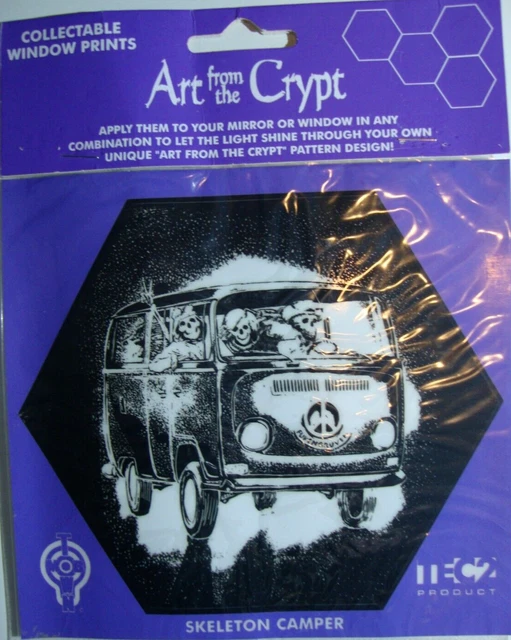 KUNST AUS DER KRYPTA SKELETT CAMPER Siebdruck Fenster Aufkleber HALLOWEEN