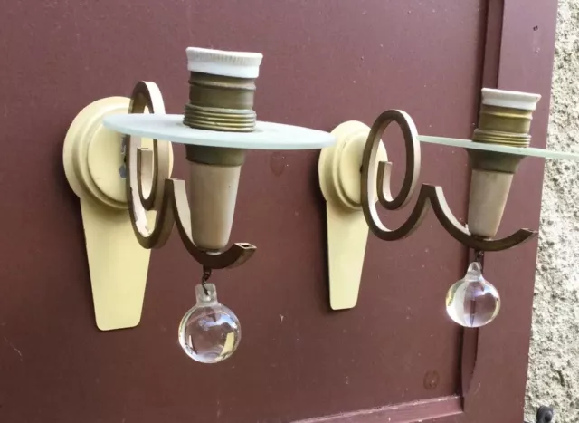 Pair Vintage French Brass Wall Mounted Sconce Light Fixture Mid Century Gold