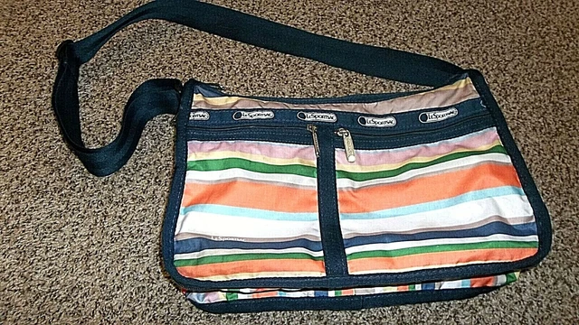 LeSportsac Stripe Navy Blue Nylon Crossbody Bag Travel  Zipper Extension