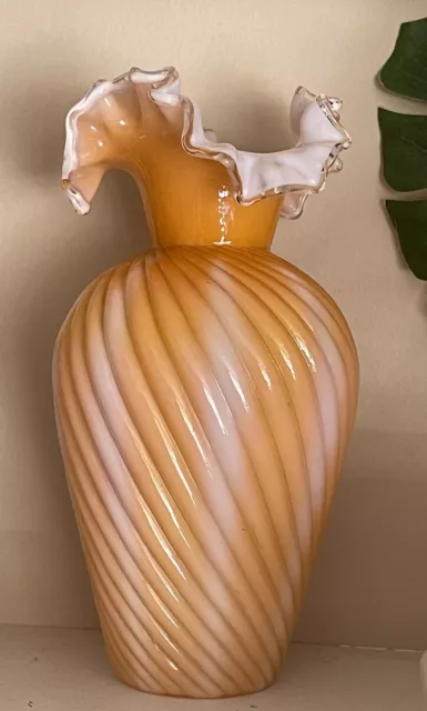 Antique Hand Blown Victorian Cased Orange Glass Vase with Ruffled Rim