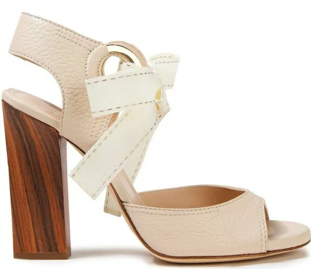 $1295 NEW Lanvin Bow Grosgrain Trim Pebbled Leather Sandals Cream Shoes 36 37 41