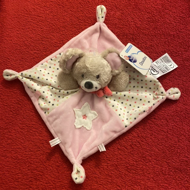🇫🇷 doudou plat Souris Rose Beige Écharpe Rouge Étoiles MOTS D ENFANTS NEUF