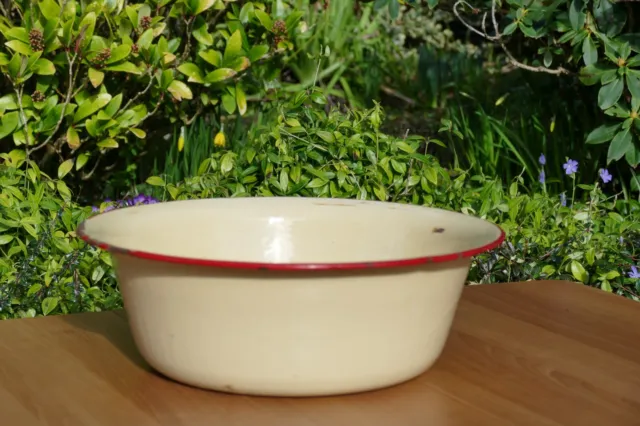 Vintage Large Enamel Bowl - Cream with Red Rim - Wash Bowl Garden Planter