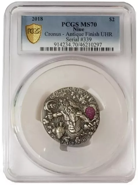 2018 2 Oz Silver $2 Niue Greek Titans CRONUS PCGS MS70 Gold Shield Coin.