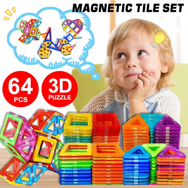 64 Piece Kids Magnetic Blocks Building Toys Educational Magnet Mini Tiles Kit