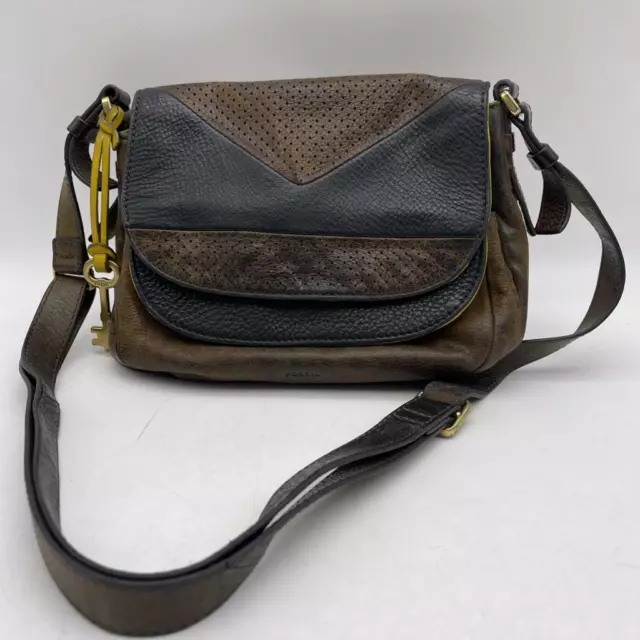 Fossil Small Crossbody Peyton Bag Double Flap Brown &Black Pebble Leather