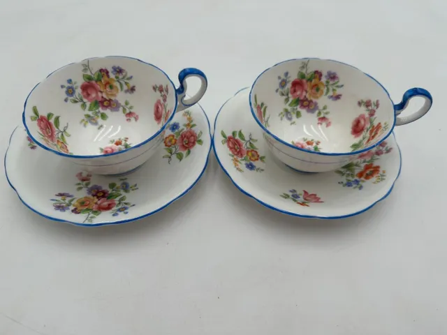 Lot Of 2 Vintage England AYNSLEY Blue Rim Floral TEA CUP & SAUCER SET