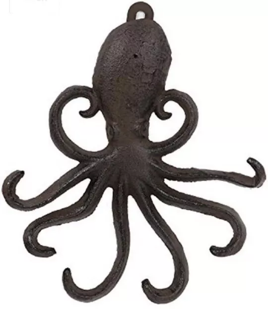 6.5” Cast Iron Octopus Wall Hook, Nautical Sea Creature Kraken Rustic Decor