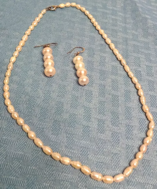 Fresh Water Large Pearl Necklace & Dangle Earring Pearls Beautiful Holiday Gift