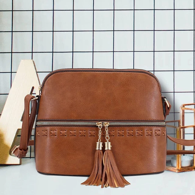 Medium Crossbody Bag, Shoulder Bag with Tassel - Brown