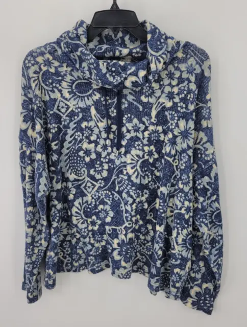 Ralph Lauren Chaps Top Womens XL Blue Floral Knit Funnel Knit Beachy Pullover