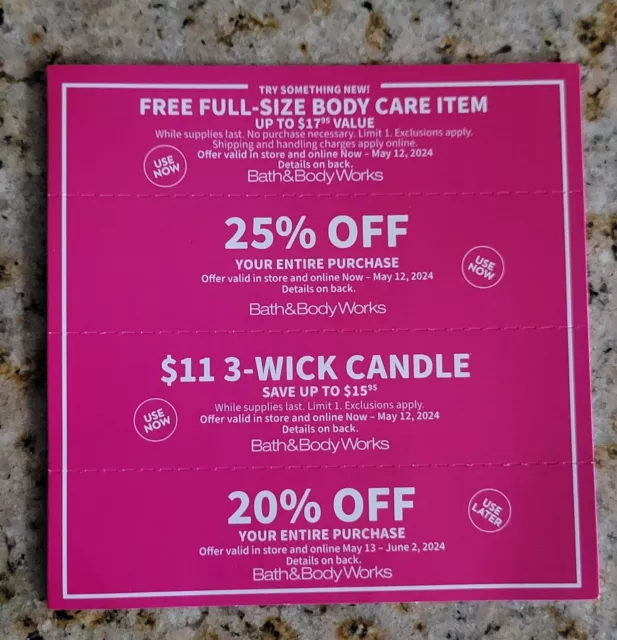 Bath And Body Works 4 Coupons Valid Thru MAY 12TH, 25%, 20%, Candle & Body Care