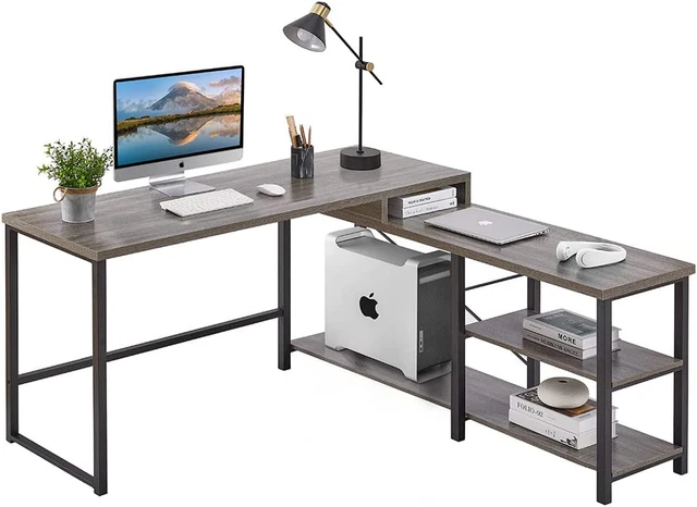 L Shaped Computer Desk with Shelves, Industrial Gaming Table Modern Home Office