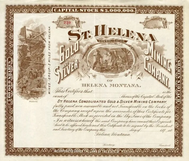 189_ St Helena Consolidated Gold & Silver Mining Stock Certificate