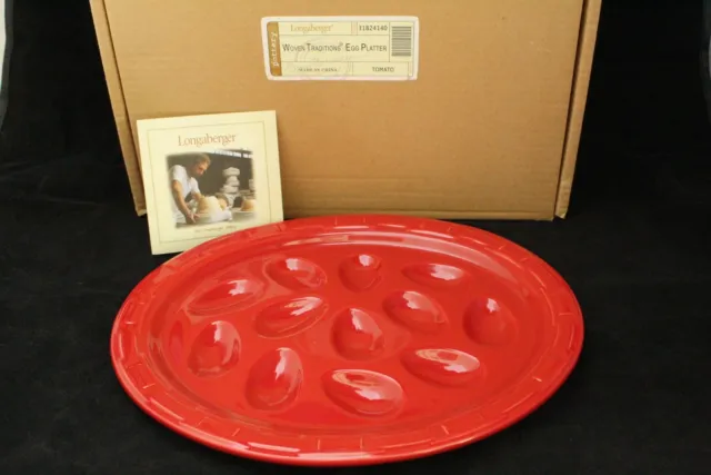 Longaberger Woven Traditions Tomato Red Pottery Deviled Egg Platter Plate - NEW