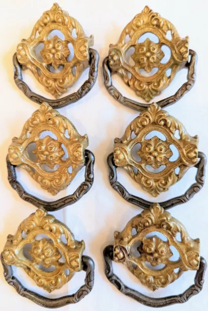 6 Six Art Nouveau Antique Vintage Brass Drawer Pulls Handles