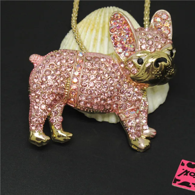 New Pink Rhinestone Bling Cute Pug Dog Crystal Pendant Betsey Johnson Necklace