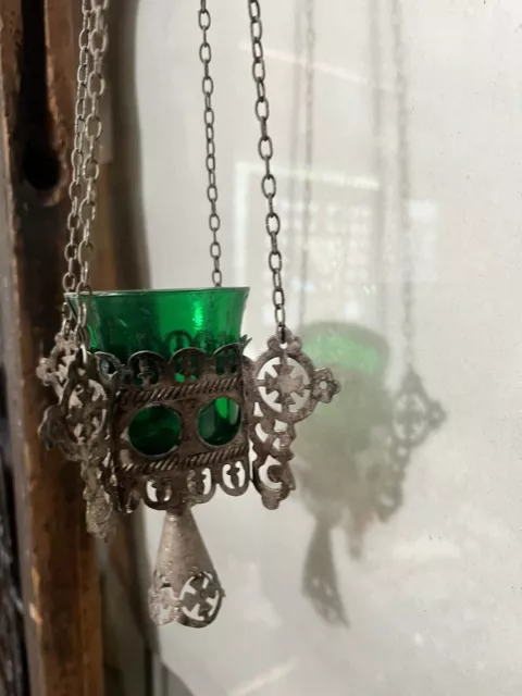 Antique Latvian Hanging Metal & Green Glass Orthodox Votive 3