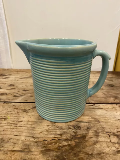 Vintage Weller 1920s Pottery Ribbed Handle Pitcher Spout Vase Blue Green 5.5” T