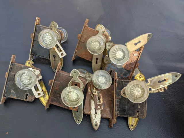 7 Antique Crystal Door Knob Sets Matchbox Lock Victorian Architectural Salvage
