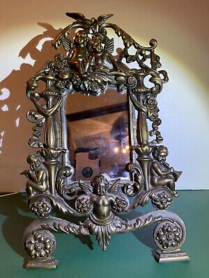 Antique Cast Iron Mirror Framed w Cherubs/Angels,Flowers,Ribbons,Dove Striking!