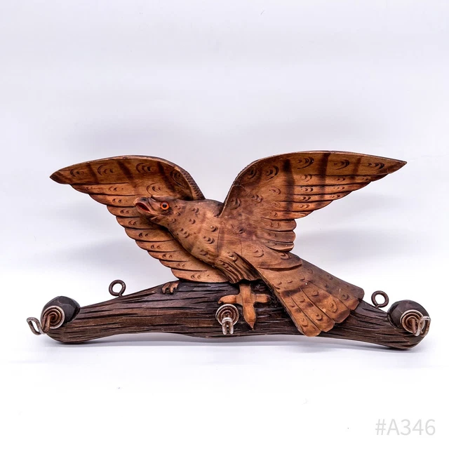 Vintage Jagd-Garderobe Listón de Ganchos „Pájaro“ Madera, Mano Tallada 33x17cm 3