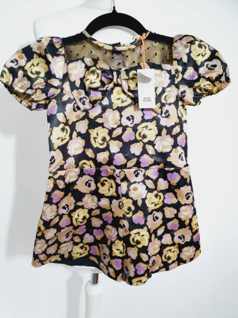 River Island girls shorts playsuit, age 4-5, bow, gold, purple, floral - BNWT