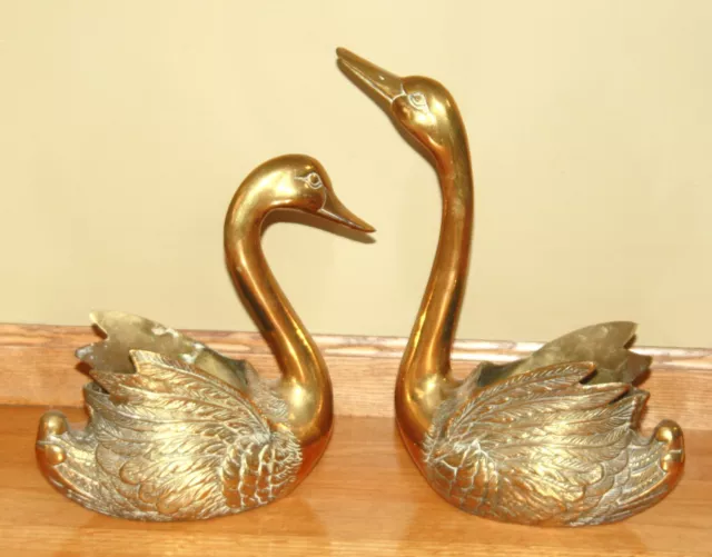 Vintage solid brass swan planter pair set of 2 swans large 14" MCM