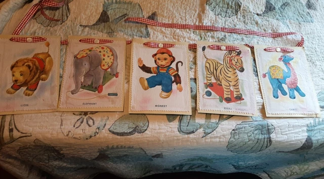 Vintage Handmade Baby Nursery Art Animal Pictures Strung Together