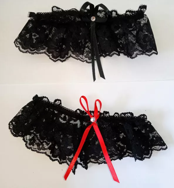 2 SCALLOP LACE ROSE PATTERN GARTERS w RHINESTONES AND BOWS PICK COLOR