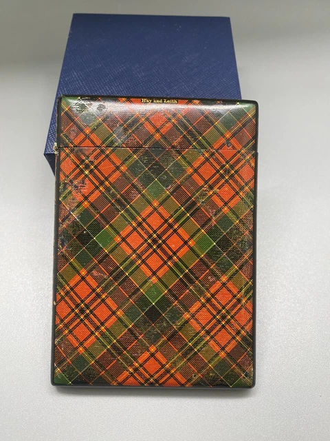 19th C Antique Hay and Leith Tartan Ware calling card holder with antique cards