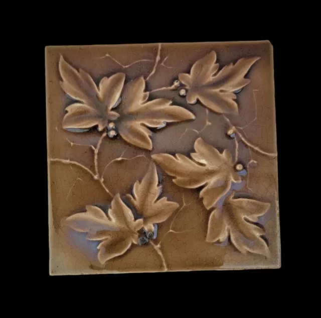 Antique Victorian 6" KENSINGTON Fireplace Tile Brown Leaves