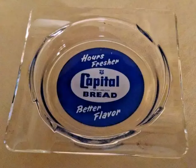 Capital Bread Ashtray Glass Blue White Square Hours Fresher Better Flavor Cb.