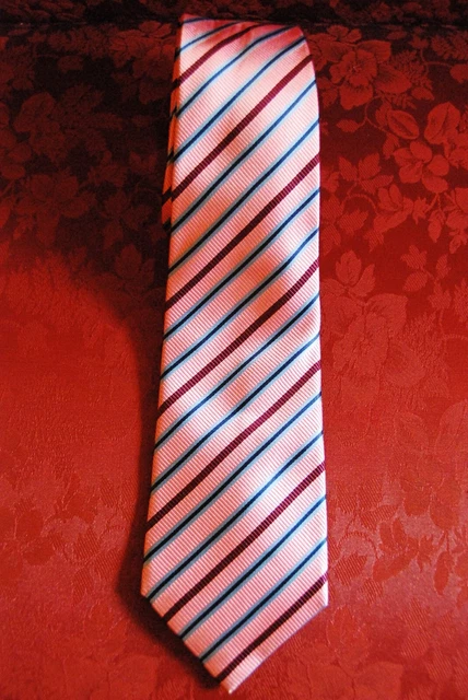 Cravate Skinny Bleu à Rayures Orange - 100% Soie - Fabriquée En Italie - Neuve