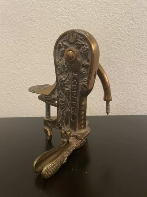 Vintage Bacchus Ornate Brass Table Vise Mount Corkscrew Wine Bottle Opener