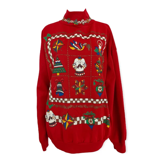 VTG 90s Cottagecore Christmas Mock Neck Sweatshirt ~glitter puff print Wmns L