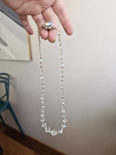 Vintage Clear AB Faceted Glass Bead Graduated Necklace,  Clawed Pink AB Clasp