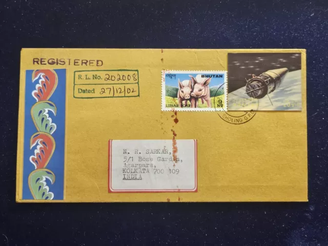 2002 Bhutan Registered Cover To India (#20), 3D Stamp, Lunar New Year