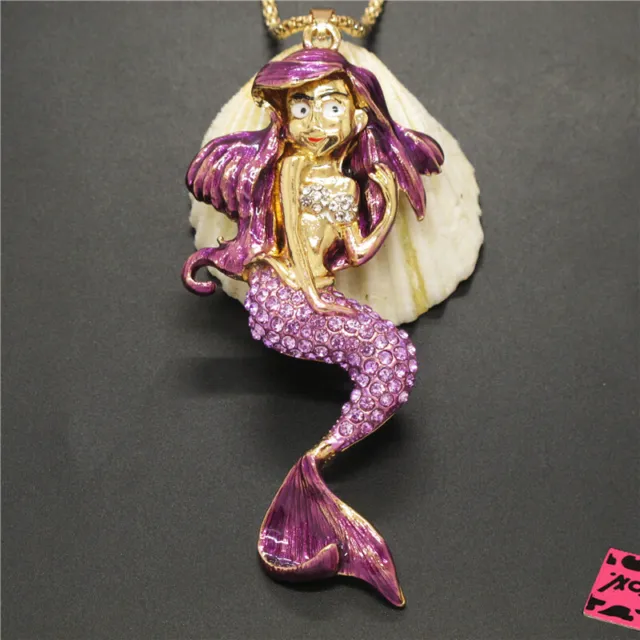 New Purple Enamel Cute Mermaid Fashion Women Crystal Pendant Chain Necklace