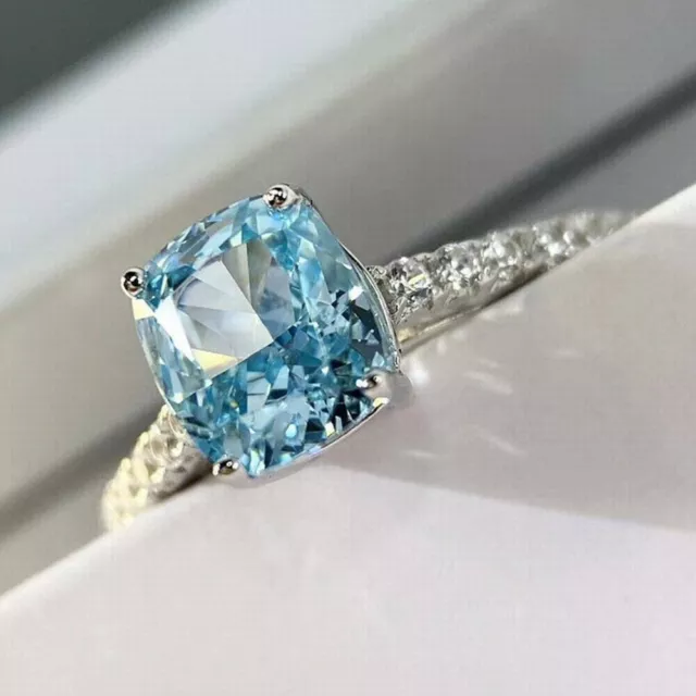 CUSHION CUT LAB Created Aquamarine Diamond Engagement Ring 14K White ...
