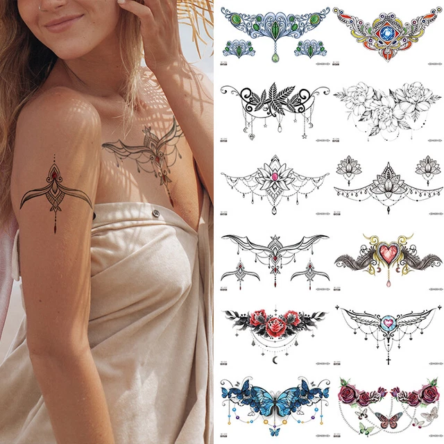 Tatouage Temporaire Flash Jetable - Or Et Bleu - 4 Pièces Bracelet/Collier