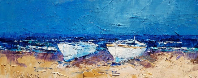 Mare e spiaggia, olio su tavola, cm.30x70.