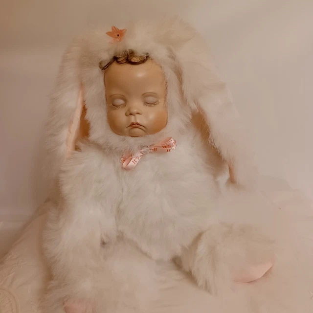 Boots Tyner Porcelain Sleeping Baby Doll Sugar Britches  in White Bunny Suit