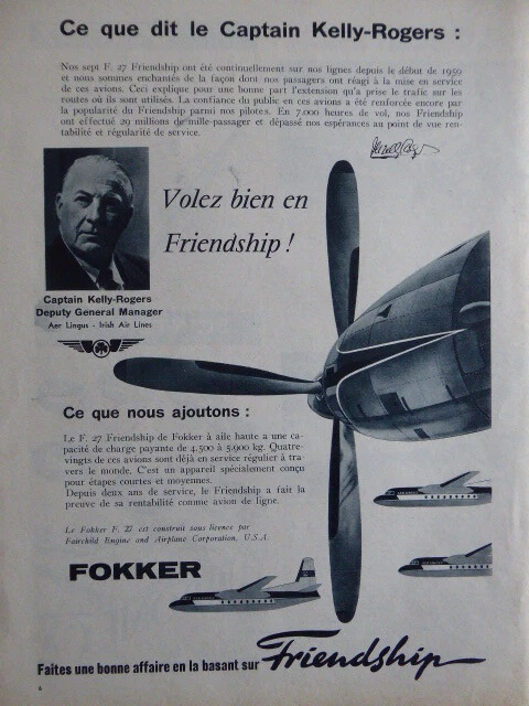 5/1960 Pub Fokker F27 Friendship Aer Lingus Irish Airline Kelly Rogers French Ad