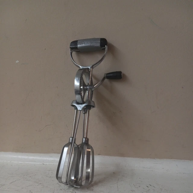 Vintage EKCO Egg Beater Hand Held Crank Mixer Stainless Steel Black Wood Handle