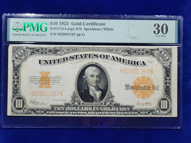 🌟 1922 $10 Ten Dollar Gold Certificate Fr#1173 PMG Very Fine 30 Speelman/White