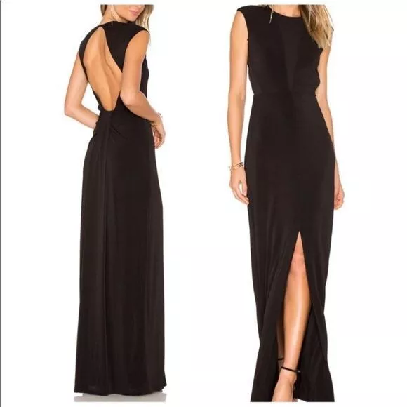 Rachel Zoe Amara Open Back High Slit Gown Dress Black 2