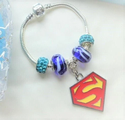 Super Man charm bracelet boys or girls for children kids jewellery in gift pouch